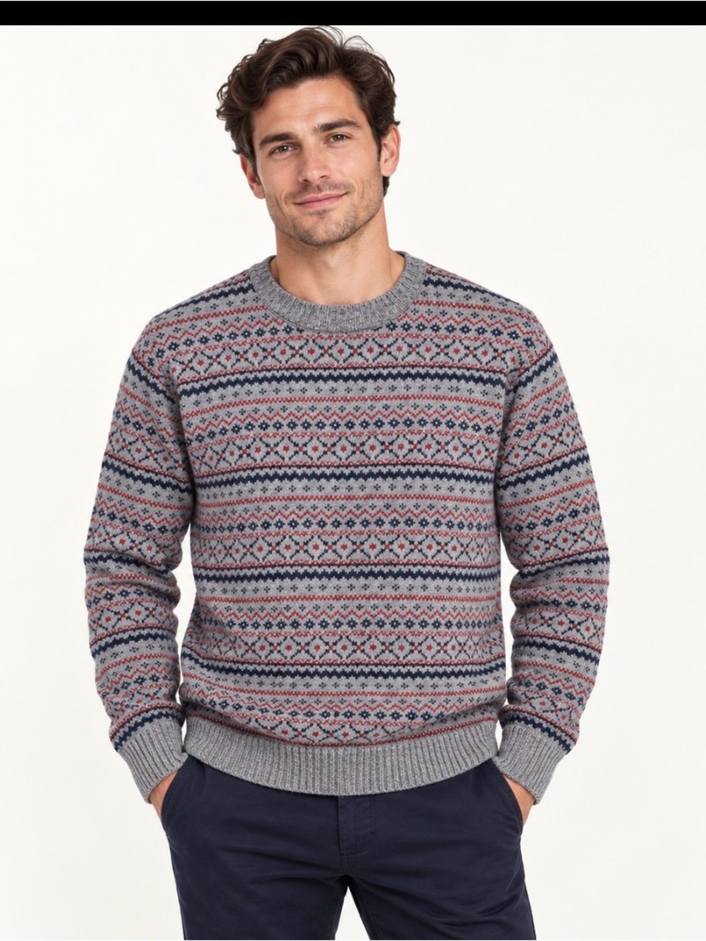 Eddie Bauer Men’s XLT Wool Fair Isle Crewneck Sweater Gray Nordic
